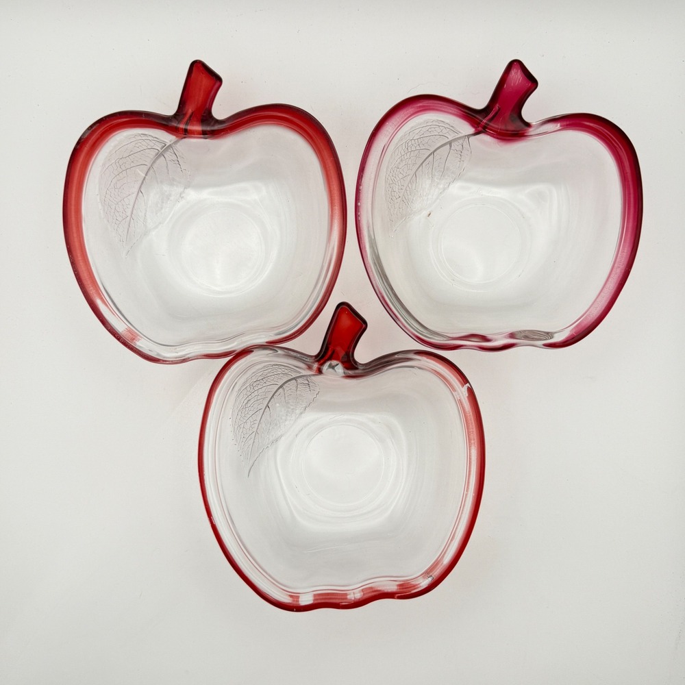 Vintage Apple Shaped Glass Bowls Set 3 Red Rim Leaf Dessert Candy Dishe